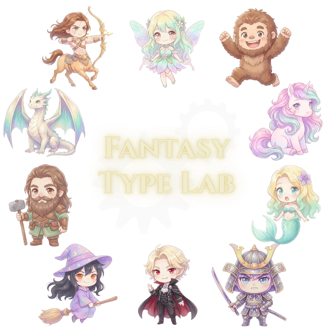 ファンタジータイプ研究所の10タイプキャラクター入りロゴ　背景透過