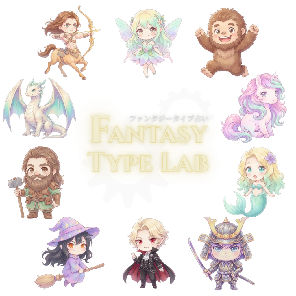 ファンタジータイプ研究所の10タイプキャラクター入りロゴ　背景透過