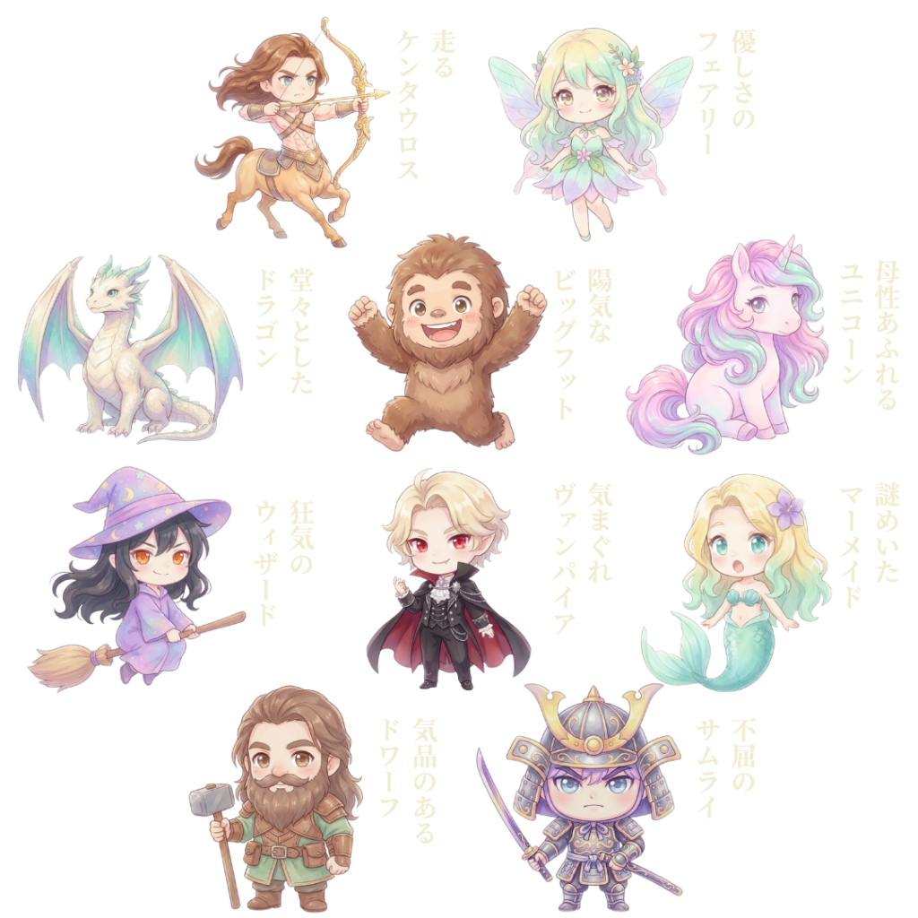 走るケンタウロス
優しさのフェアリー
陽気なビッグフット
狂気のウィザード
堂々としたドラゴン
母性あふれるユニコーン
不屈のサムライ
気品のあるドワーフ
気まぐれヴァンパイア
謎めいたマーメイド